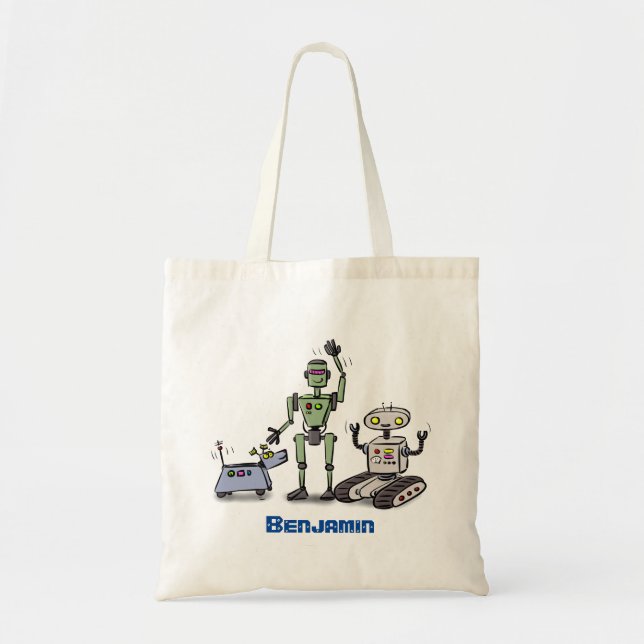 Happy cute robots trio cartoon tote bag (Front)