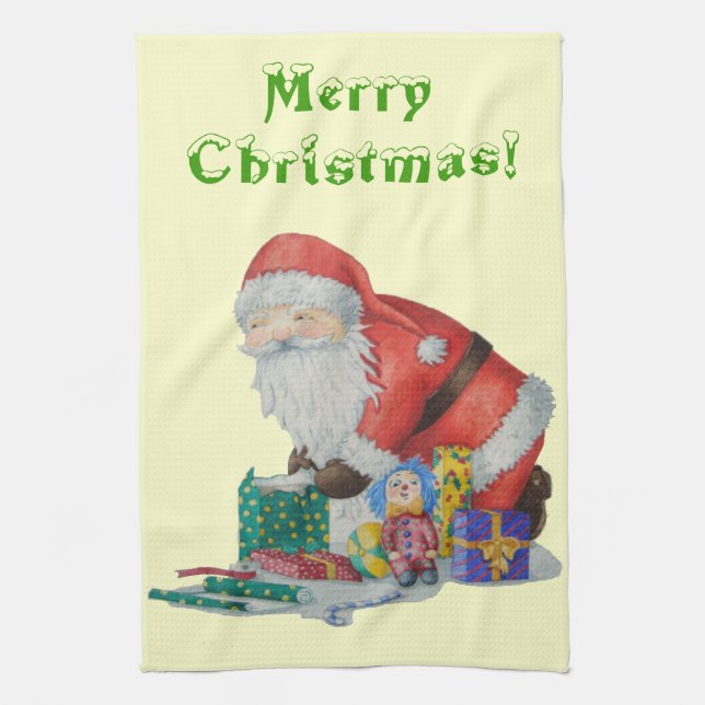 happy cute santa wrapping stuff for christmas tea towel (Vertical)