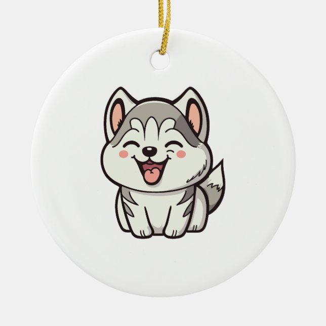 Happy cute Siberian husky dog Ceramic Tree Decoration (Front)
