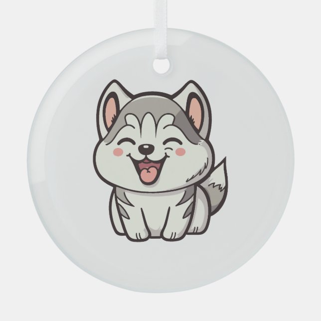 Happy cute Siberian husky dog Glass Tree Decoration (Front)