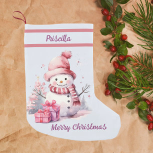 Happy Cute Snowman with Present Bleu Background Small Christmas Stocking