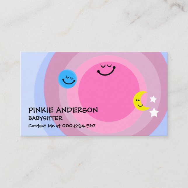 Happy Cute Sun Babysitting Earth Moon Stars Nanny Business Card (Front)