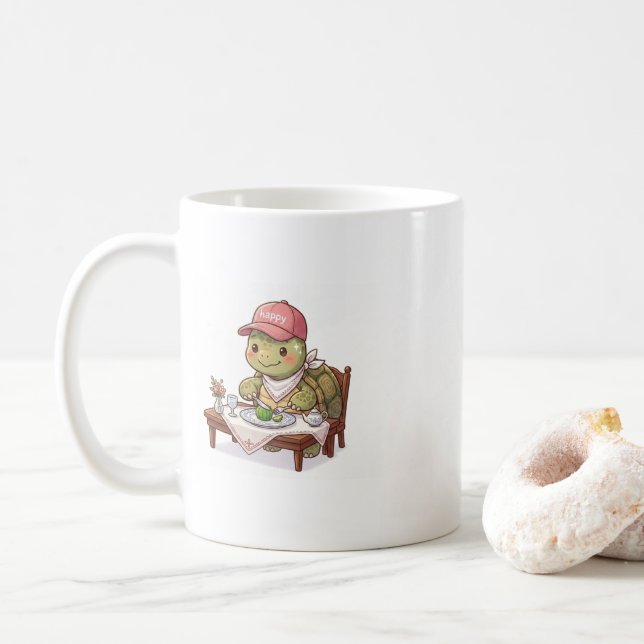 Happy cute tortoise having a meal coffee mug (With Donut)
