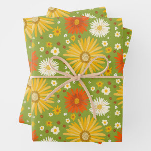 Happy Daisies Retro 70s Colorful Pattern Wrapping Paper Sheet