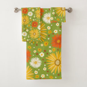 Happy Daisy Colourful Pattern Daisies Green Bath Towel Set