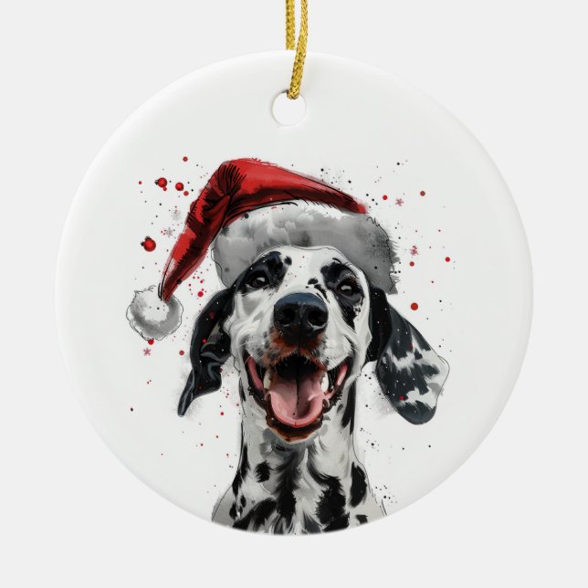 Happy Dalmatian Dog Christmas Personalized Ceramic Tree Decoration (Front)