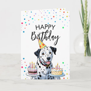 Happy Dalmatian Dog holding Cakes Birthday Card