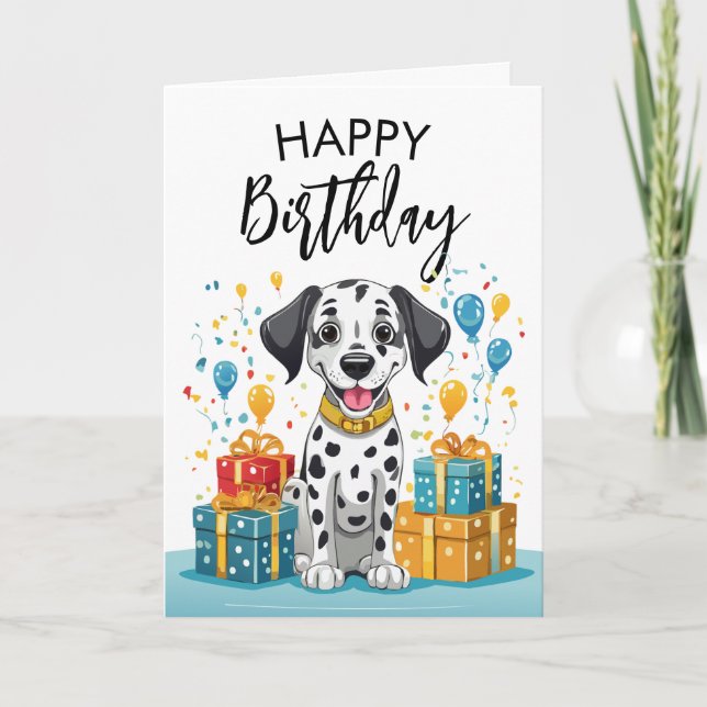 Happy Dalmatian with Gifts and Confetti Birthday Card (Front)