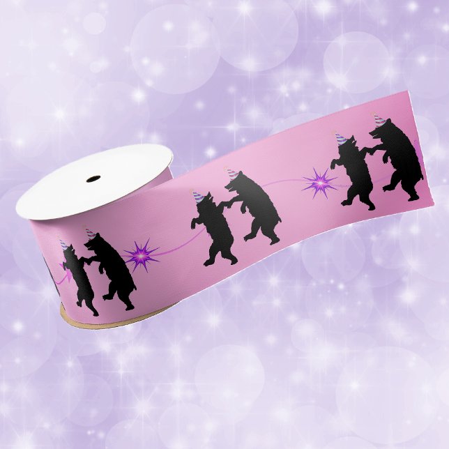 Happy Dancing Black Bears in Party Hats Stars Pink Satin Ribbon (Pair of happy dancing black bears in party hats pink purple stars on pink gift or craft ribbon.)