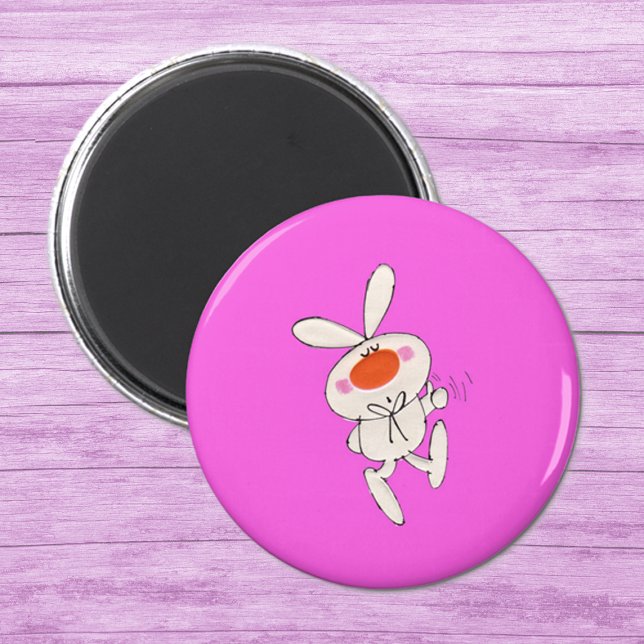 Happy Dancing Cute White Rabbit Magnet (Cute cartoon white rabbit big nose thumbs up sign on hot pink round magnet.)