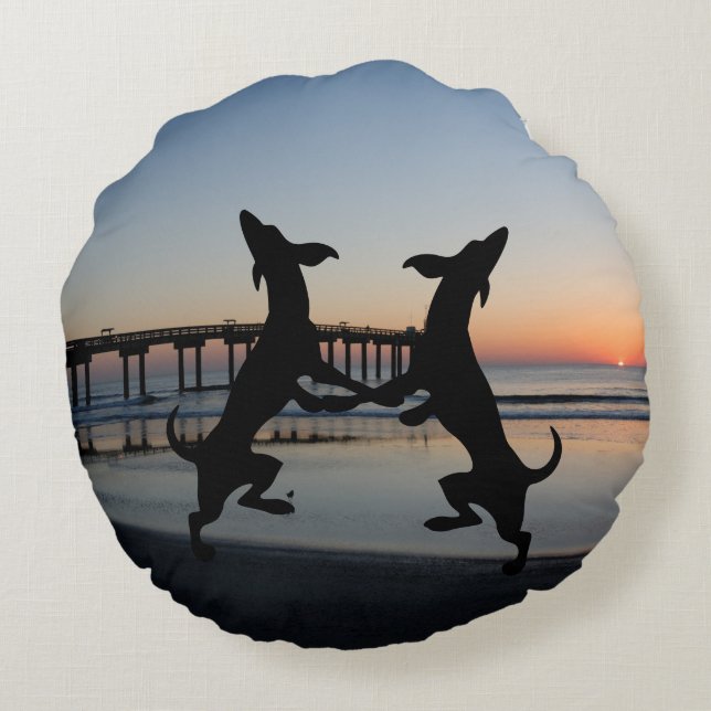 Happy Dancing Dogs on Beach Round Cushion (Back)