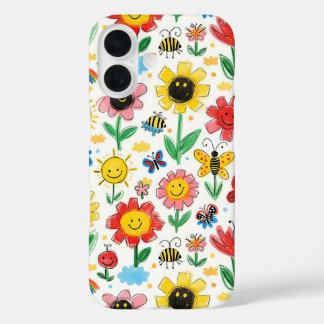 Happy Days - Cheerful Flower and Friends Pattern iPhone 16 Case