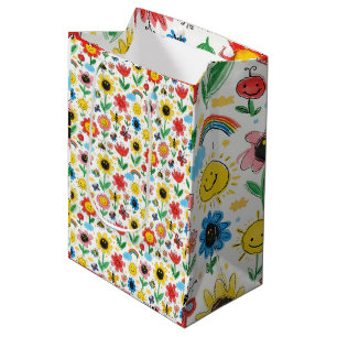 Happy Days - Cheerful Flower and Friends Pattern Medium Gift Bag