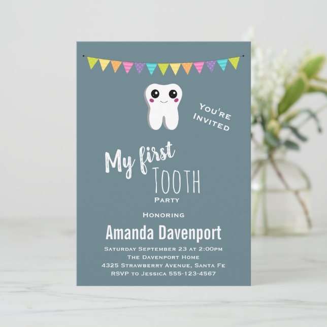 Happy Dental Tooth My First Tooth Invitation (Standing Front)
