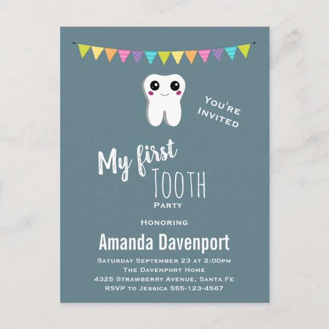 Happy Dental Tooth Smiling My First Tooth Party Invitation Postcard (Front)
