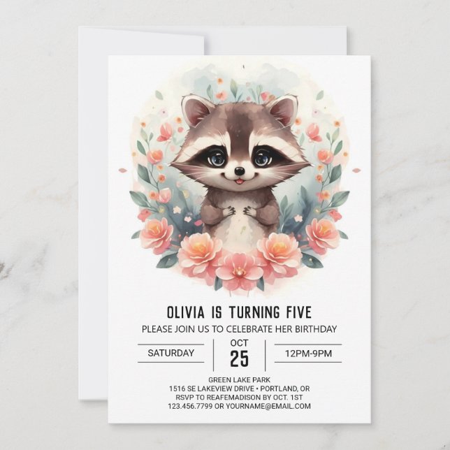 Happy Digital Racoon Girl Birthday Invitation (Front)