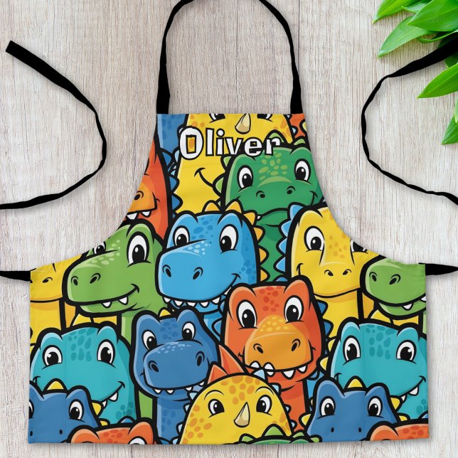 Happy Dinosaur Faces Crowded Pattern Apron (Creator Uploaded)