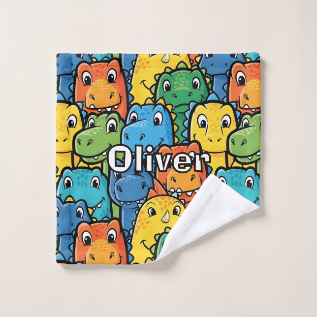 Happy Dinosaur Faces Crowded Pattern Wash Cloth (Wash Cloth)