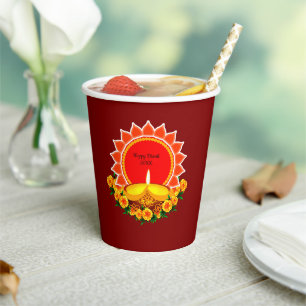 Happy Diwali 20xx Add Year or Text  Marigolds Paper Cups