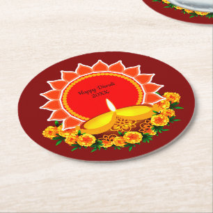 Happy Diwali 20xx Add Year or Text Marigolds Round Paper Coaster