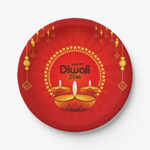 Happy Diwali 20xx Add Year or Text Red Yellow 7" Paper Plate
