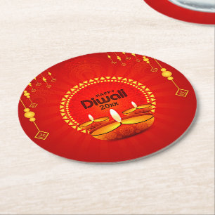 Happy Diwali 20xx Add Year or Text Red Yellow Round Paper Coaster