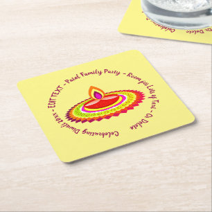 Happy Diwali 20xx Add Year Text Yellow Purple Square Paper Coaster