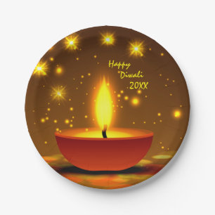 Happy Diwali 20xx Diya Yellow Flame Sparkles 7" Paper Plate