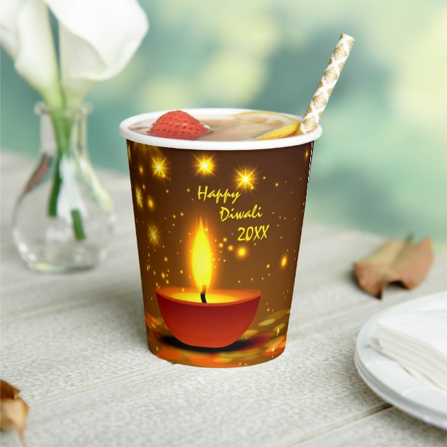 Happy Diwali 20xx Diya Yellow Flame Sparkles Paper Cups (Insitu)