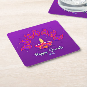 Happy Diwali Add Year 20xx Purple Yellow Red  Squa Square Paper Coaster