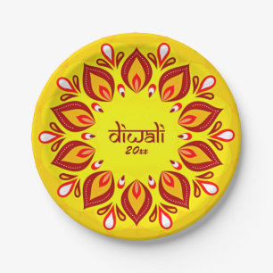 Happy Diwali Add Year Yellow Red 7" Paper Plate