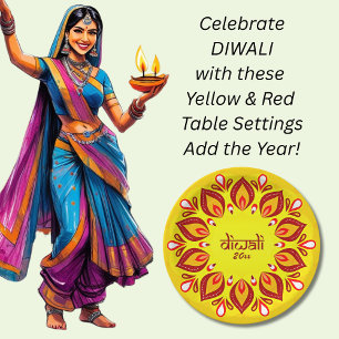 Happy Diwali Add Year Yellow Red 9" Paper Plate