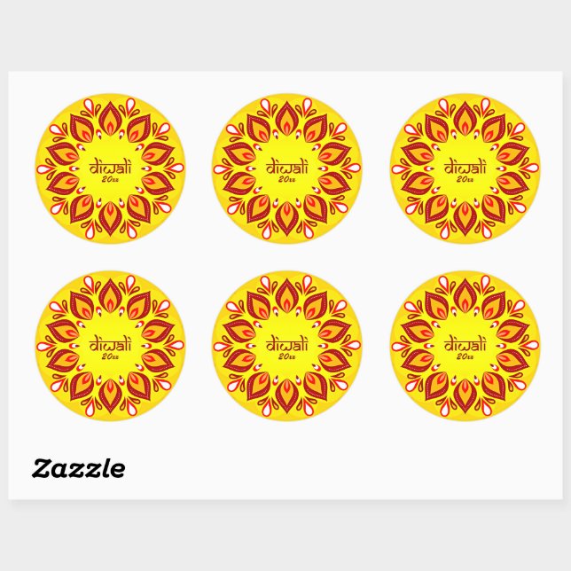 Happy Diwali Add Year Yellow Red   Classic Round Sticker (Sheet)