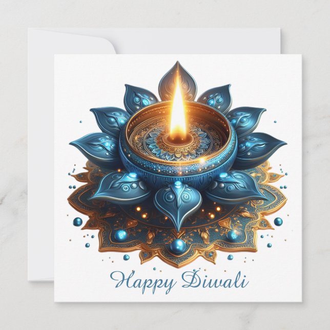 Happy Diwali Blue Gold Diya Festival of Light Holiday Card (Front)