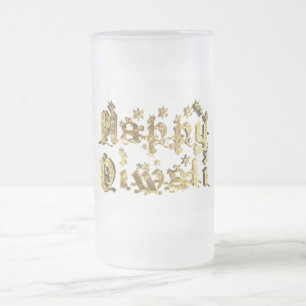 Happy Diwali Decorative Stars Typography Gold Frosted Glass Beer Mug
