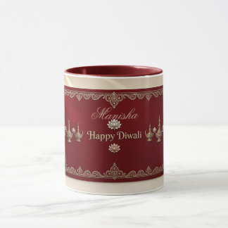 Happy Diwali Deepak Motifs Indian Heritage Maroon Mug