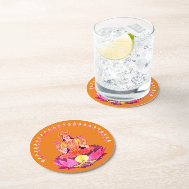 Happy Diwali - Deepalavi Lakshmi Goddess 1 Round Paper Coaster (Insitu)