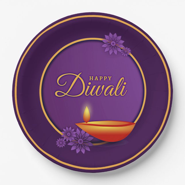 Happy Diwali Diya Candle Purple Gold 9" Paper Plate (Front)