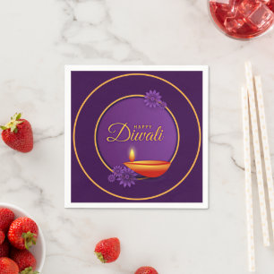 Happy Diwali Diya Candle Purple Gold Napkin