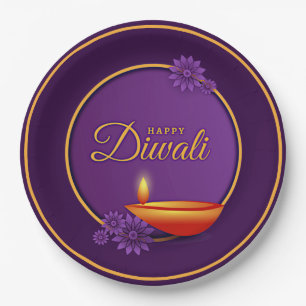 Happy Diwali Diya Candle Purple Gold Paper Plate
