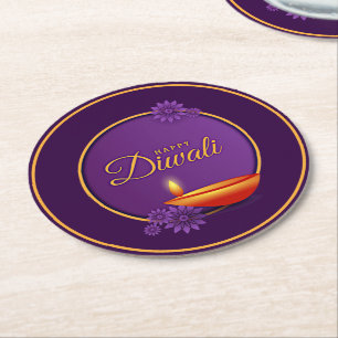 Happy Diwali Diya Candle Purple Gold Round Paper Coaster
