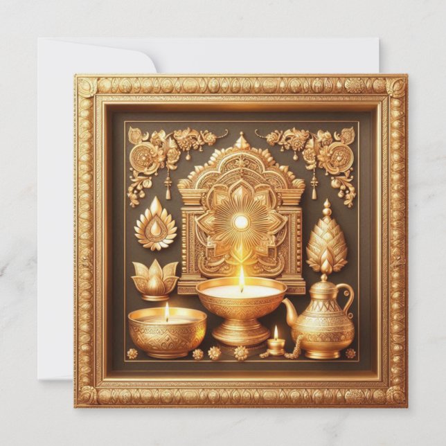 Happy Diwali Diya Festival of Light Floral Gold  Holiday Card (Front)