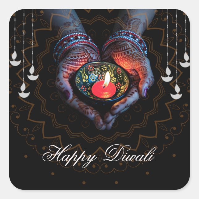 Happy Diwali  Diya Mandala Festival of Light Black Square Sticker (Front)