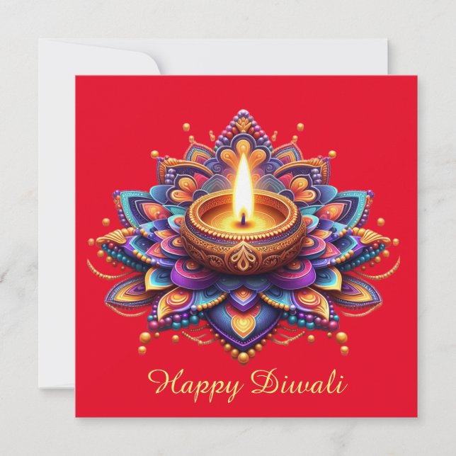 Happy Diwali Diya Rangoli Festival of Light Red Holiday Card (Front)