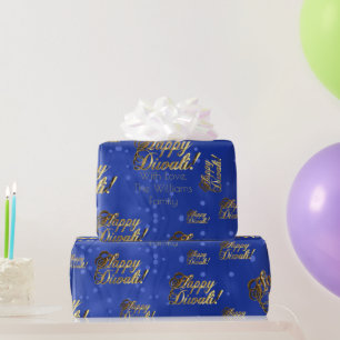 Happy Diwali Elegant Faux Gold Foil Script Blue Wrapping Paper