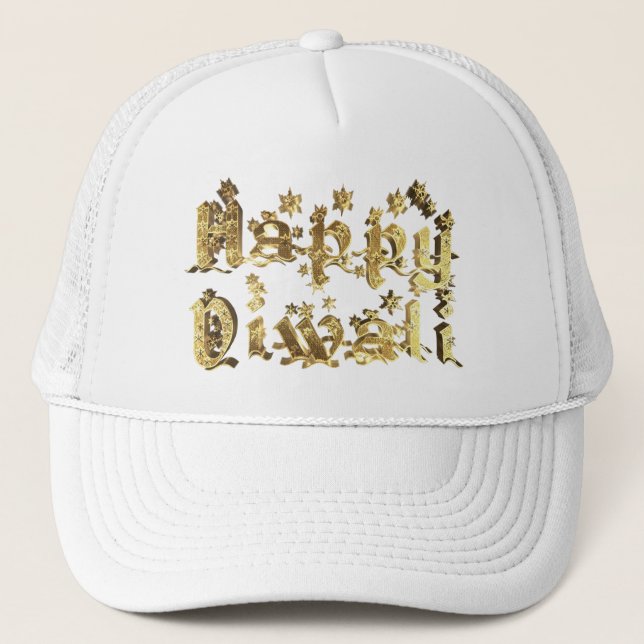 Happy Diwali Elegant Gold Stars Typography Trucker Hat (Front)