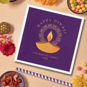 Happy Diwali Festival of Lights Diya Purple Napkin