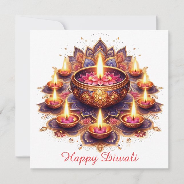 Happy Diwali Floral Diya Rangoli Festival of Light Holiday Card (Front)