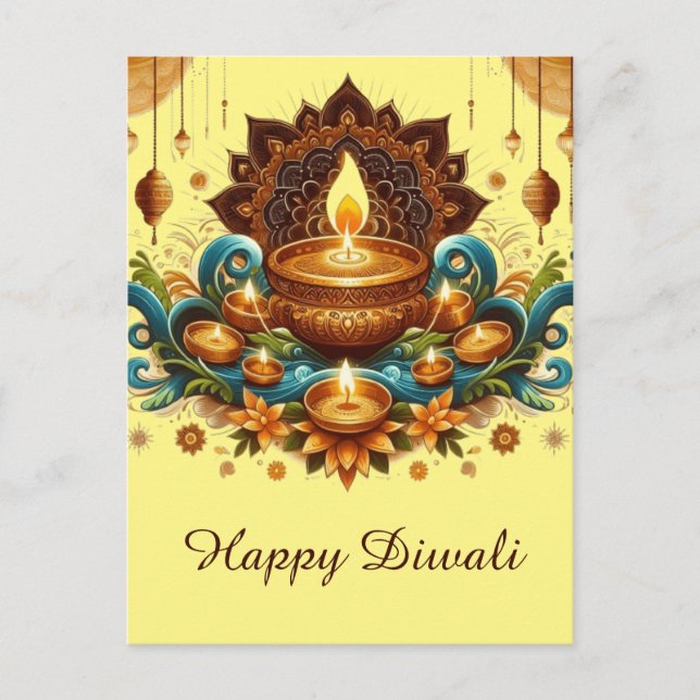 Happy Diwali Gold Diya Festival of Light Blue Holiday Postcard (Front)