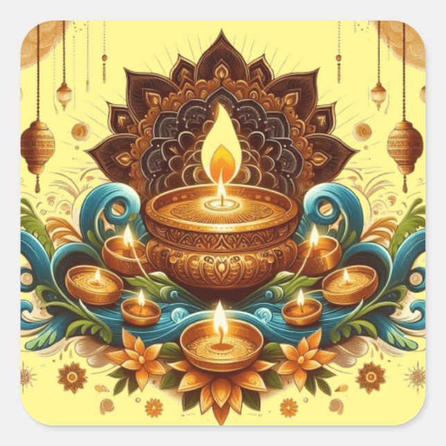 Happy Diwali Gold Diya Festival of Light Blue Square Sticker (Front)